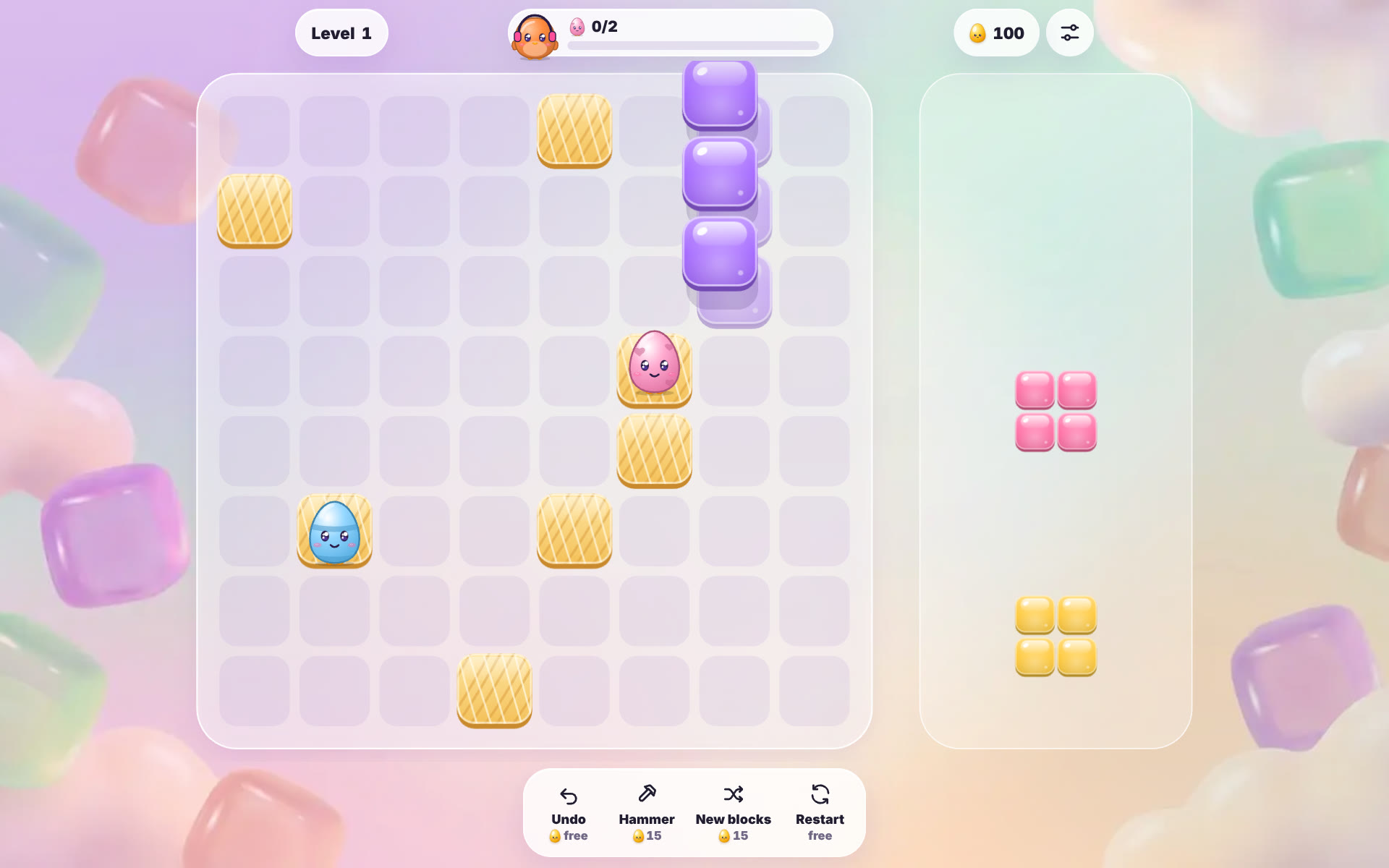 Nest Blocks level 1: an 8x8 glass nest with straw cells, a pink and a blue OvO egg, a purple bar being placed and a pink and a yellow square in the tray