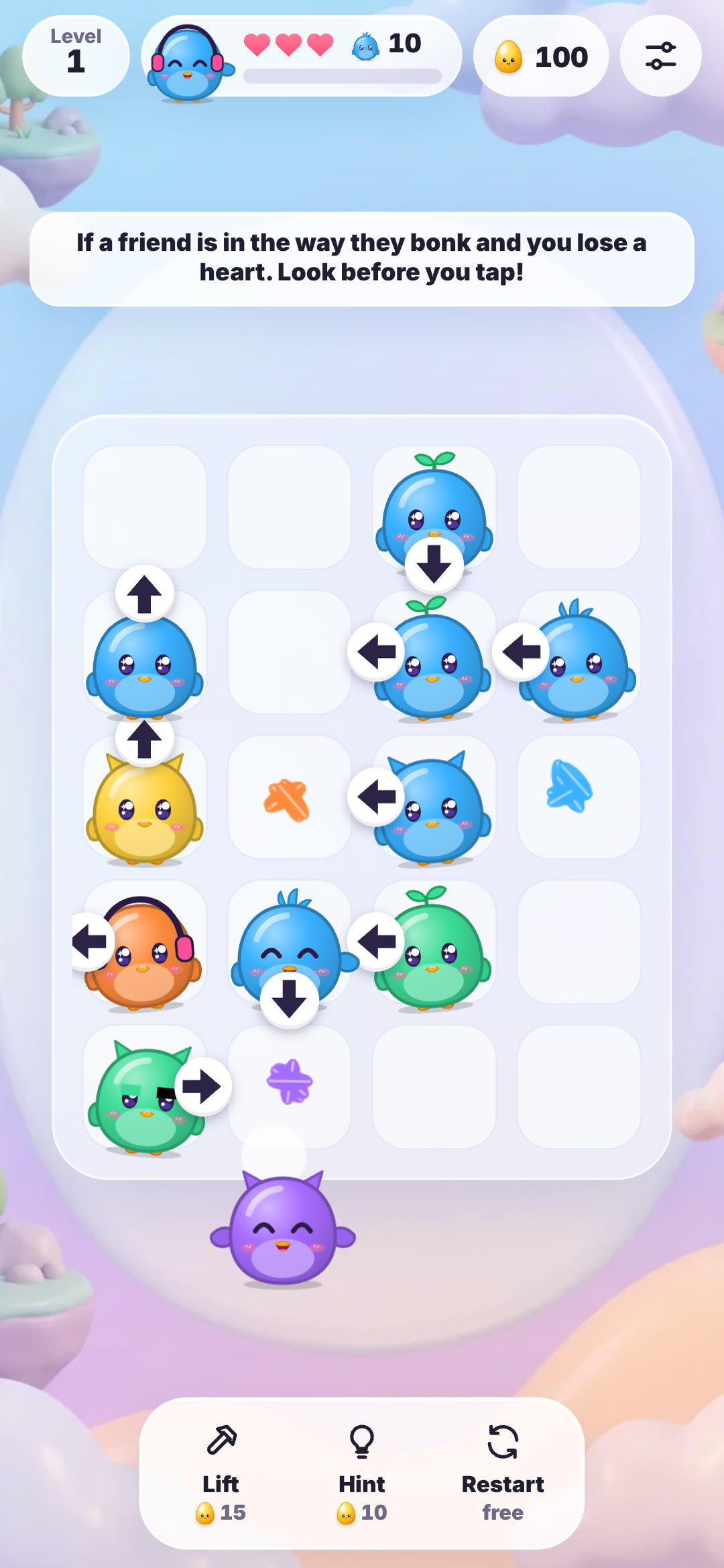 Flock Out level 1 on a phone with OvOs in several colours facing up, down, left and right, and the tip If a friend is in the way they bonk and you lose a heart