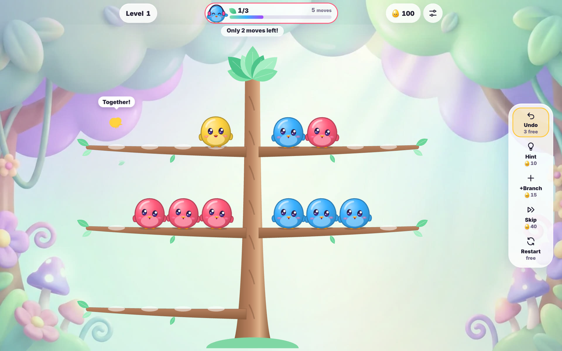 Chick Sort in a desktop browser: blue, pink and yellow OvOs on the branches of a tree, a Together! bubble and the boosters on the right