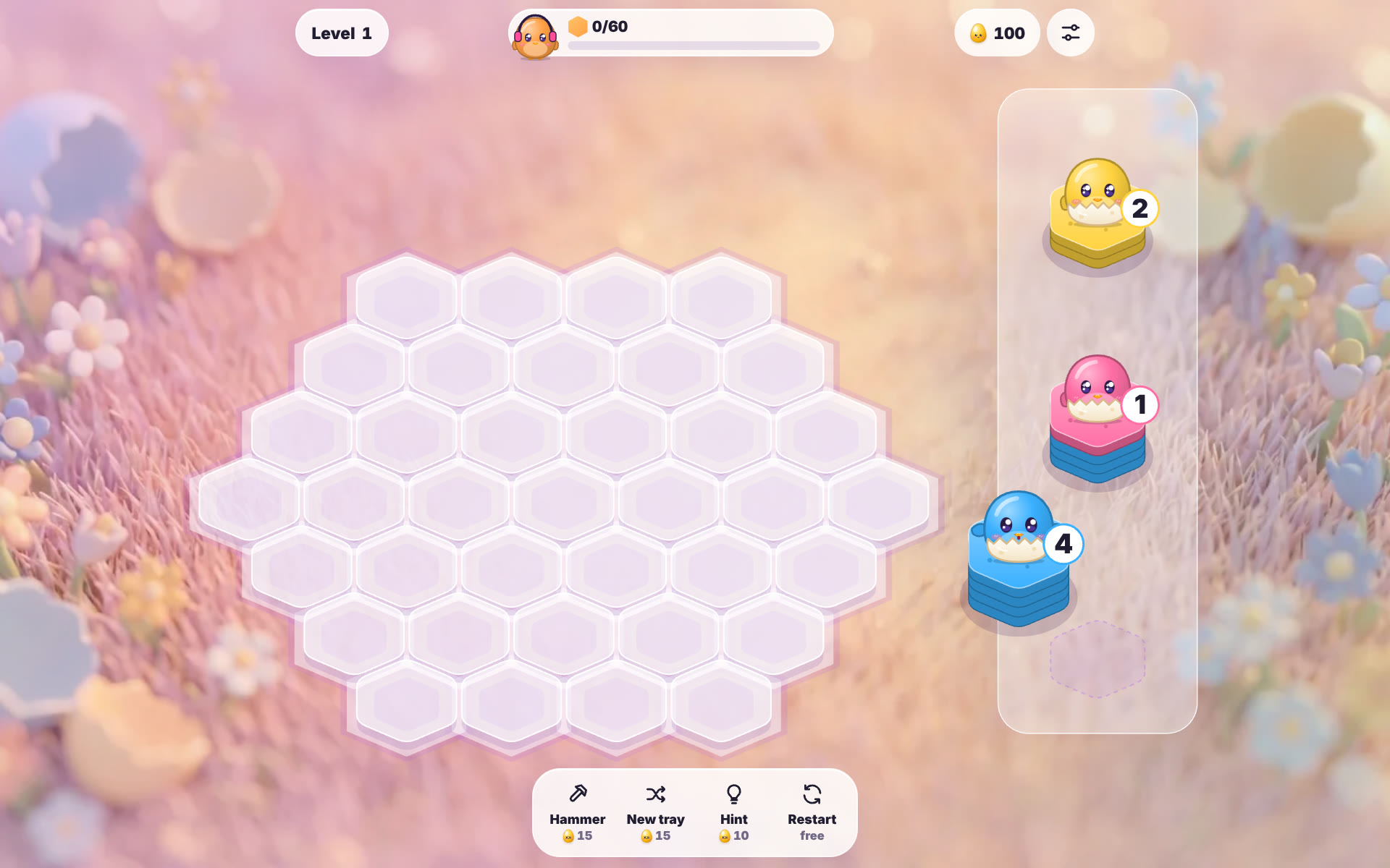 Hexa Nest in a desktop browser with an empty honeycomb board and a tray of three egg-tile stacks in yellow, pink and blue