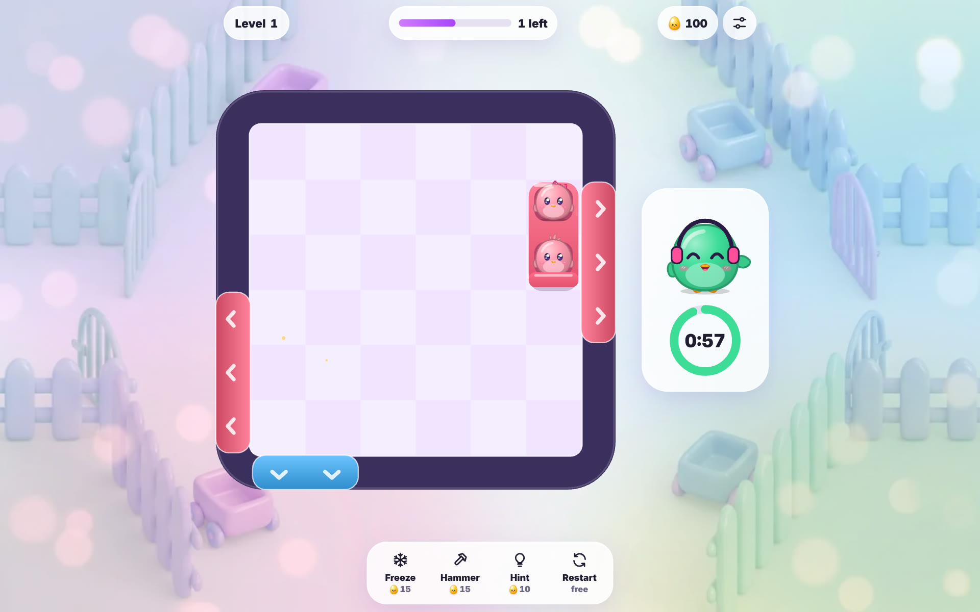 Gate Jam level 1 on a desktop: a pink two-OvO cart next to the pink gate on the right of the board and a 0:57 timer