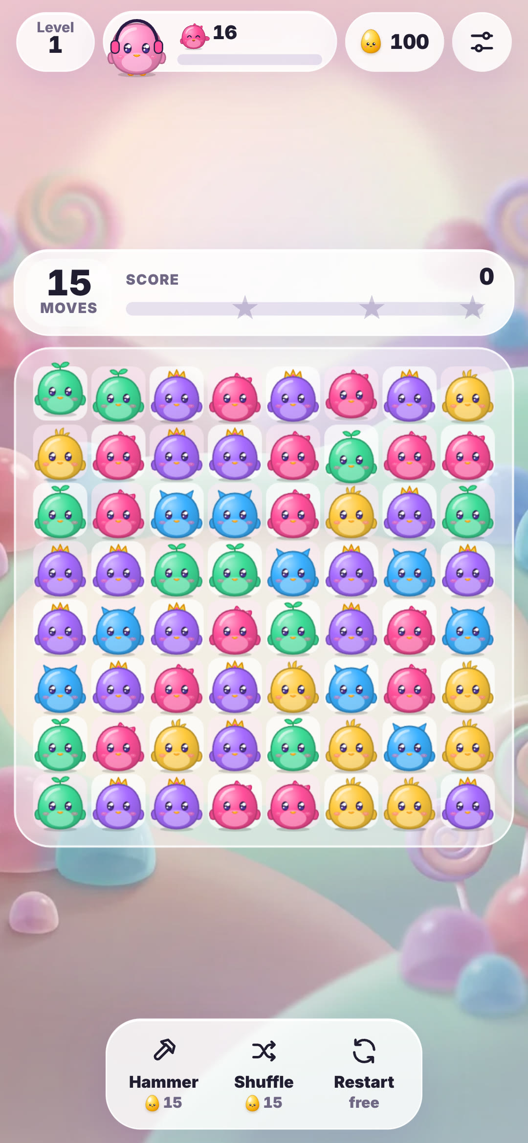 Peep Pop 2 level 1 on a phone: an 8 by 8 board of pink, yellow, blue, green and purple OvOs with 15 moves left