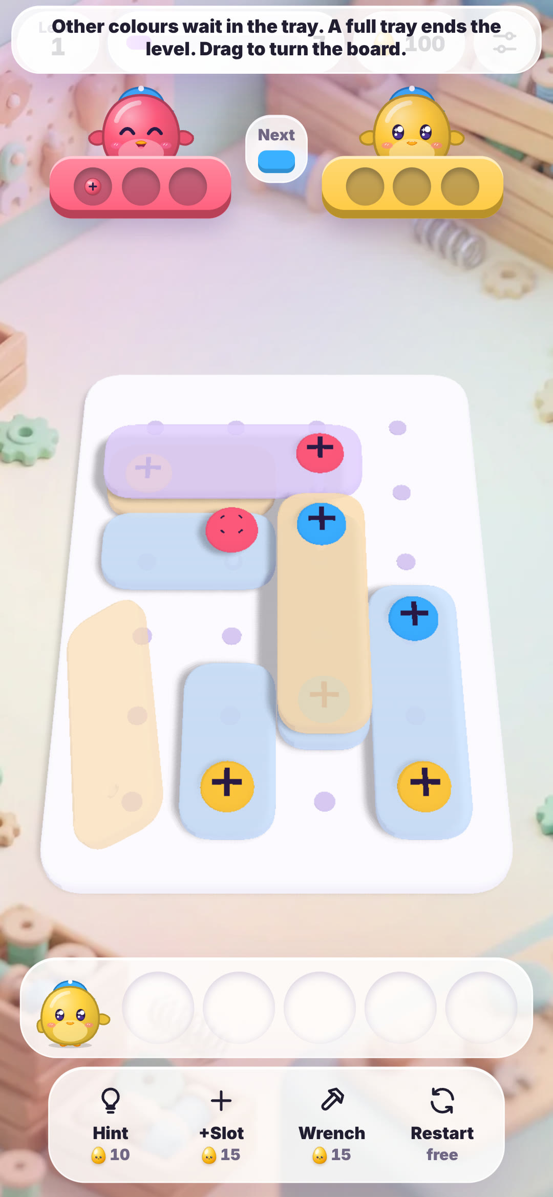 Screw Crew level 1 with pink and yellow screw boxes held by OvOs, plates on a pegboard and a tip that a full tray ends the level