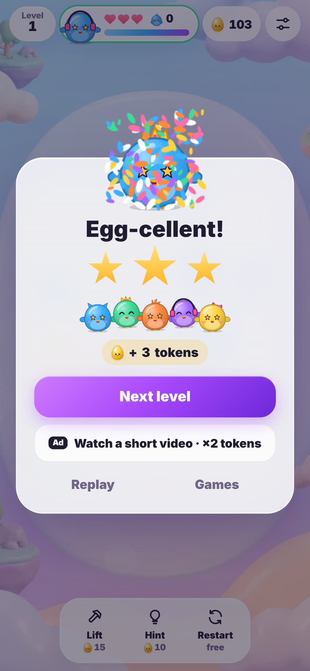 Win card reading Egg-cellent! with three gold stars, a row of cheering OvOs, a token reward and a Next level button