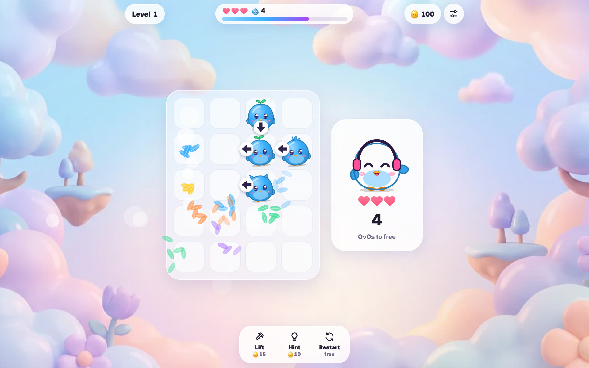 Flock Out in a desktop browser: blue OvOs with arrow badges on a small board and a side panel showing three hearts and 4 OvOs to free