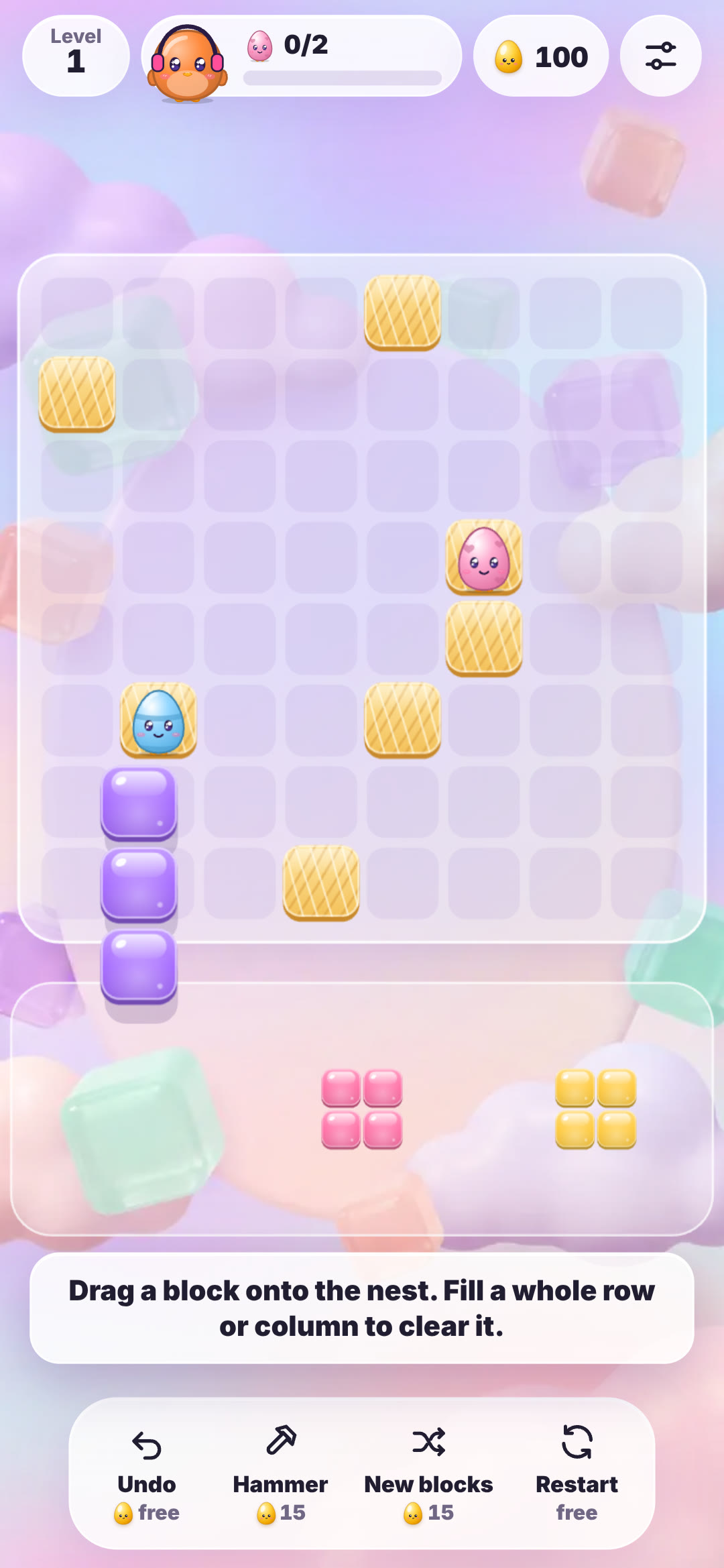 Nest Blocks on a phone: jelly blocks and two eggs on the 8 by 8 nest, three new blocks in the tray and the tip to fill a row or column