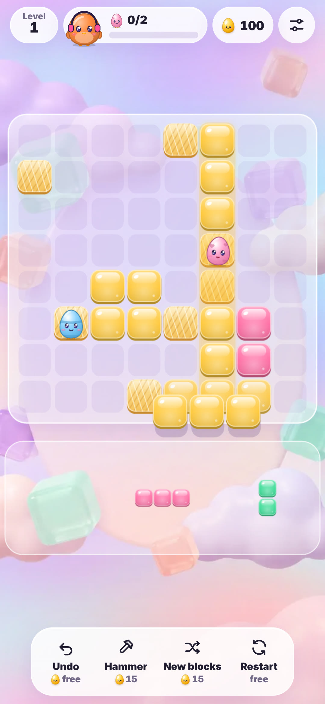 The nest filling up with yellow blocks, a yellow three-cell bar dragged onto the bottom row, the pink egg's column lit to clear, and a pink three-cell bar and green two-cell block in the tray