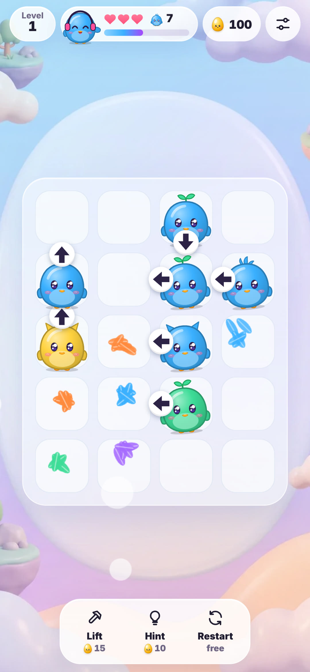The same board with several OvOs gone, feathers left in their cells, and blue, yellow and green OvOs still waiting